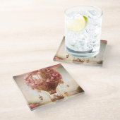 ファンタジー熱気球ピンク金ゴールド ガラスコースター (アングル)