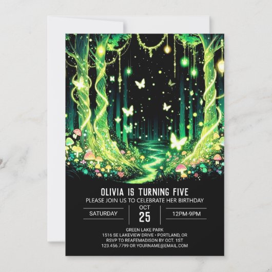 ファンタジー白熱［赤熱］光を放つウッドランドデジタル誕生日 招待状 (正面)