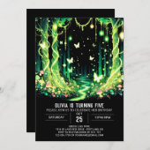 ファンタジー白熱［赤熱］光を放つウッドランドデジタル誕生日 招待状 (正面/裏面)