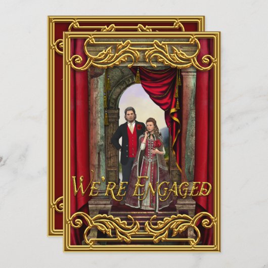 ファンタジー結婚の温かい金ゴールド中世婚約 招待状 (正面/裏面)