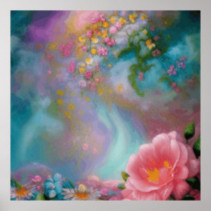 ファンタジー絵を描の花はピンクとターコイズ ポスター