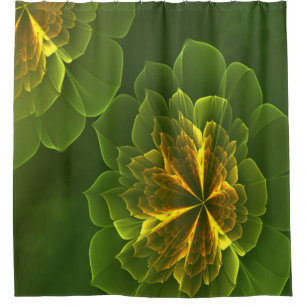 ファンタジー緑黄色のフラクタル花 シャワーカーテン