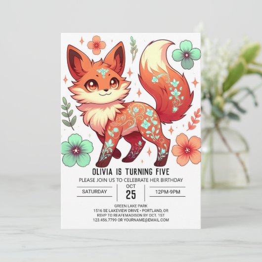 ファンタジー編集可能キツネデジタル誕生日 招待状 (スタンド正面)