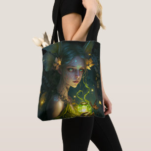 ファンタジー美しいグリーンフォレストフェアリー トートバッグ