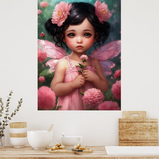 ファンタジー美しいピンクの妖精の女の子 ポスター (キッチン)