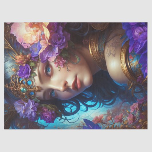 ファンタジー美しい紫色の花の妖精のデコパージュ 薄葉紙 (正面)