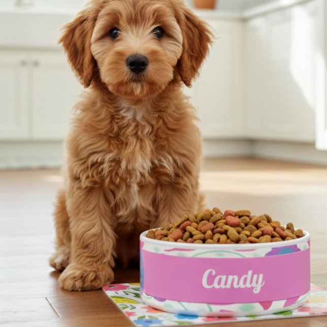 ファンタジー花ピンク青紫セラミックペットボウル ボウル (She deserves it custom made. Cute fantasy flowers in pink and purple make this food bowl super cute.)