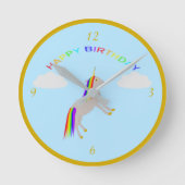 ファンタジー誕生日ユニコーンレインボー&クラウド ラウンド壁時計 (正面)