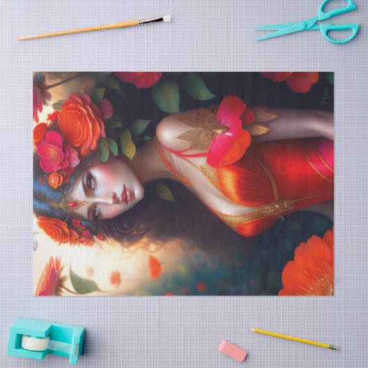 ファンタジー赤い妖精の赤い花のデコページ 薄葉紙 (クラフト)