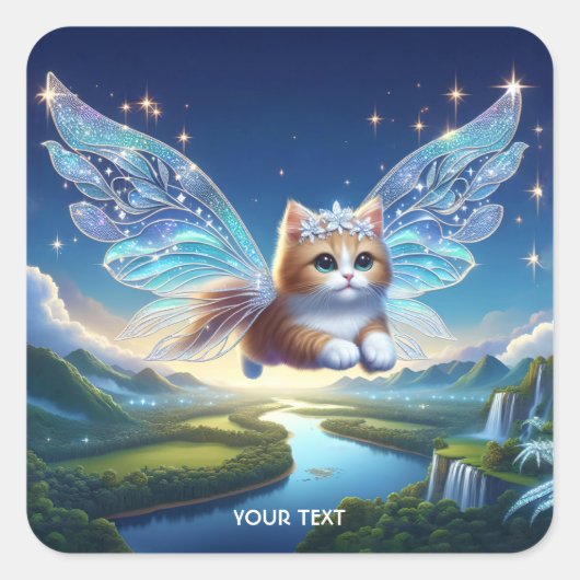 ファンタジー飛んでいるかわいい猫の羽 スクエアシール (正面)