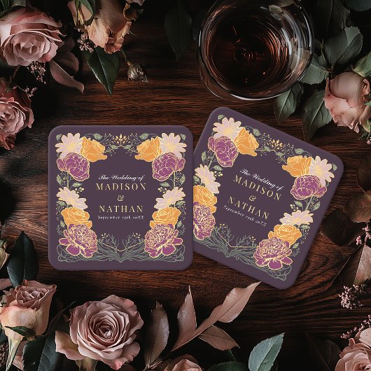 ファンタジー魅惑フローラ庭園の結婚式 スクエアペーパーコースター