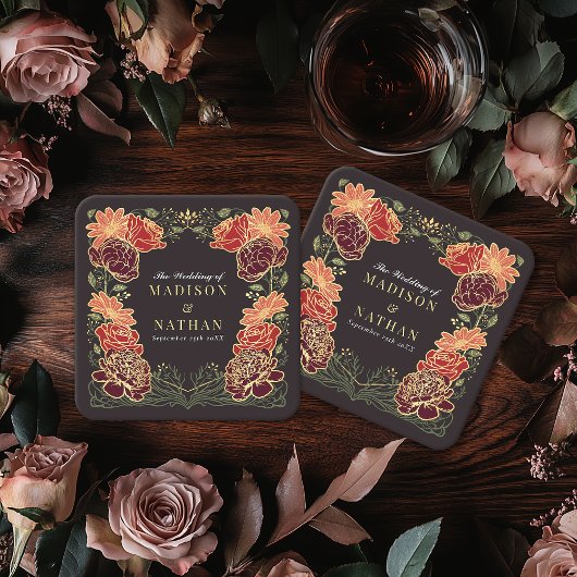 ファンタジー魅惑フローラ庭園の結婚式 スクエアペーパーコースター