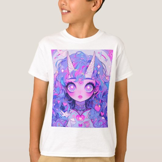 ファンタジー魔法のユニコーン生物アニメ少女 Tシャツ (正面)