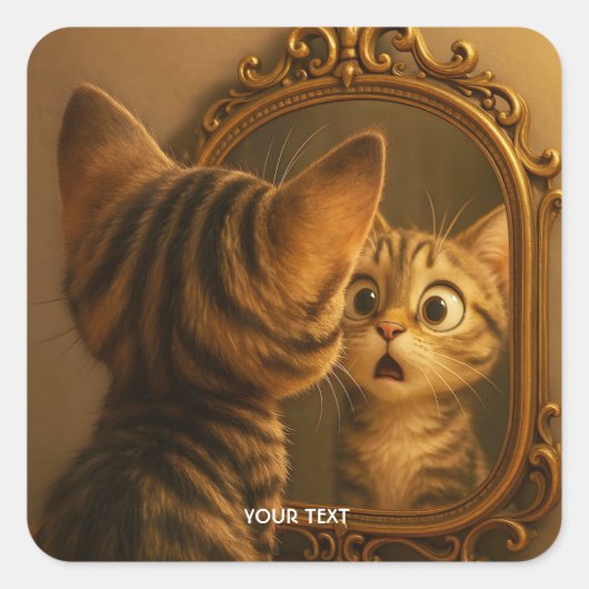 ファンタジー かわいいびっくり猫ミラー スクエアシール (正面)