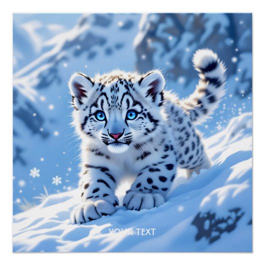 ファンタジー かわいい雪の赤ちゃんヒョウ ポスター (正面)