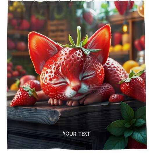 ファンタジー かわいい イチゴ 可愛い 子猫 シャワーカーテン (正面)
