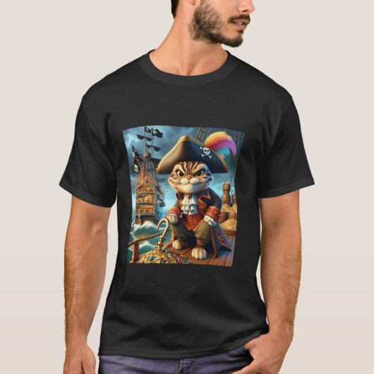 ファンタジー かわいい 海賊 猫 船 Tシャツ (正面)