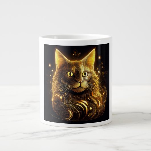 ファンタジー ネオンゴールド 猫 ジャンボコーヒーマグカップ (正面)