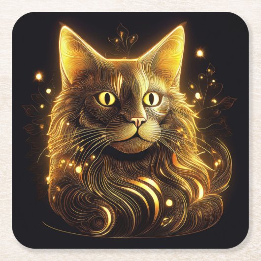 ファンタジー ネオン ゴールド キャット スクエアペーパーコースター (正面)