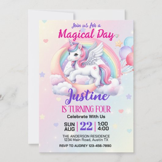 ファンタジー マジカル ユニコーン 誕生日パーティー 招待状 (正面)