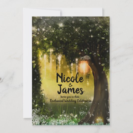 ファンタジー　魔法の緑の輝きの森のウェディング 招待状 (正面)
