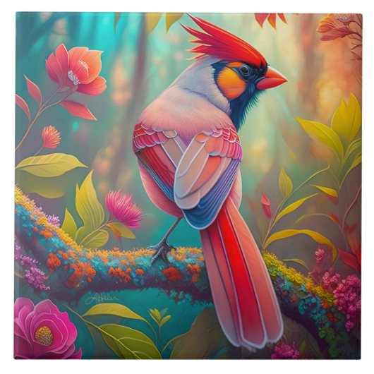ファンタジー 鳥 カーディナル 雄 タイル (正面)