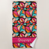 ファンタスティックな花のパターンでターコイズ&ベリー ビーチタオル (正面)