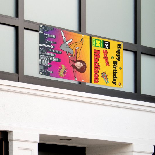 ファンタスティックスーパーヒーロー誕生日フォトパーフェクトガール 横断幕 (ビルの外側)