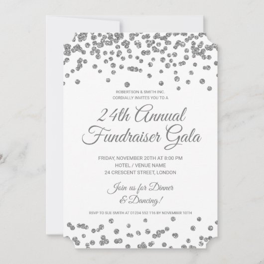 ファンドレイザー企業のシルバーグリッター紙吹雪 招待状 (正面)