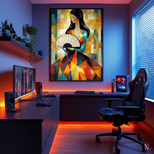 ファン付きの女性 – キュビストインスパイアバイクリムト ポスター