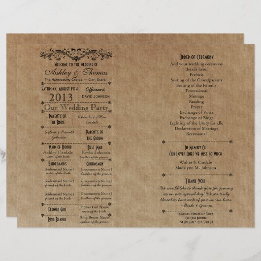 ファン用カスタムウェディングプログラムテンプレート (正面/裏面)