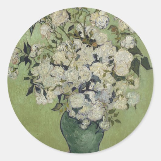 ファン・ゴッホが花瓶に飾ったスティルライフピンクのバラ ラウンドシール (正面)
