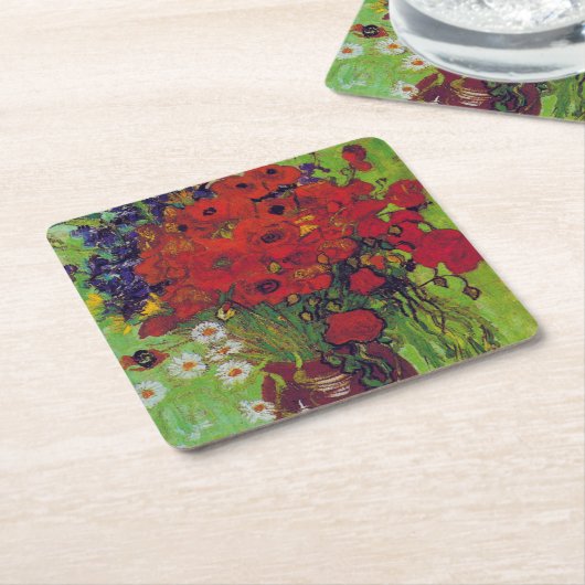 ファン・ゴッホの花とケシの花瓶 スクエアペーパーコースター (アングル)
