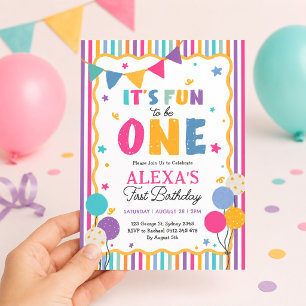 ファン・トゥ・ビー・ワン カラフルガール1歳の誕生日パーティー 招待状