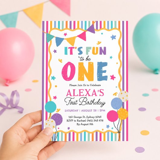 ファン・トゥ・ビー・ワン カラフルガール1歳の誕生日パーティー 招待状