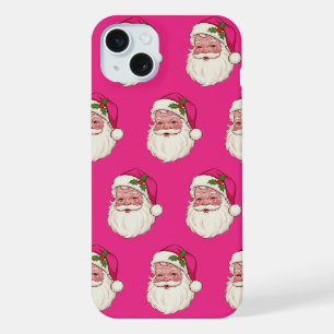 ファン・フェスティブ・ホットピンク・ヴィンテージサンタ・パターン iPhone 15 PLUSケース