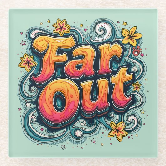 ファーアウトレトロ70sサイケデリック Groovy Hippie ガラスコースター (正面)