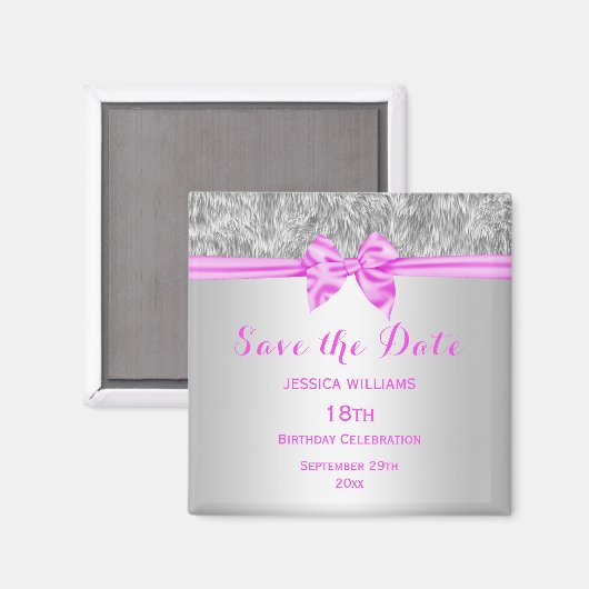 ファーエレガントフェイク&ピンクボウ誕生日日付を保存 マグネット (正面/裏面)