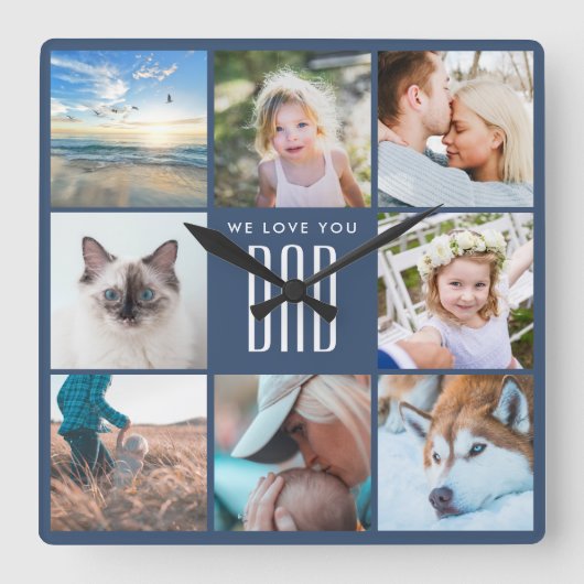 ファーザーの日の家族の思い出フォトコラージュ スクエア壁時計 (正面)