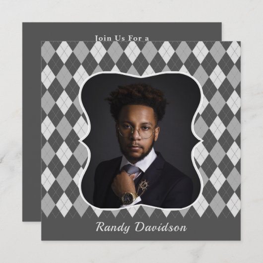ファーザーズカスタムデイ写真グレーアーガイルディナーパーティー 招待状 (正面/裏面)