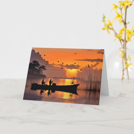 ファーザーズデイフィッシャーマンズと魚釣りボートレイク カード (黄色い花)