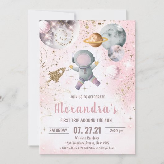 ファーストアウタースペース誕生日招待状ガールアストローナ 招待状 (正面)