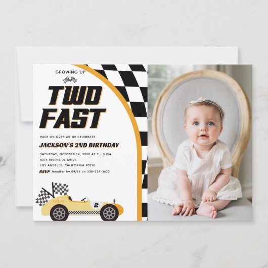 ファーストイエローレースカーの誕生日パーティー写真2枚 招待状 (正面)