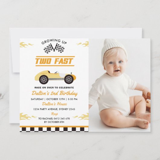 ファーストイエローレースカーボーイ2nd誕生日の写真 招待状 (正面)
