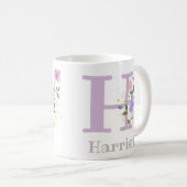 ファーストイニシャルプラス花の付いたHarriet コーヒーマグカップ (正面右)