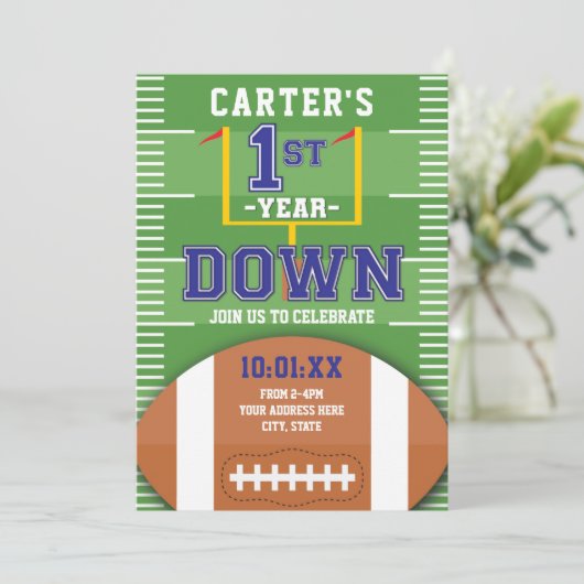 ファーストイヤーダウンフットボールテーマブルーファースト誕生日 招待状 (スタンド正面)