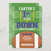 ファーストイヤーダウンフットボールテーマブルーファースト誕生日 招待状 (正面/裏面)