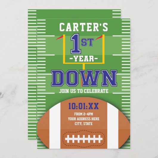 ファーストイヤーダウンフットボールテーマブルーファースト誕生日 招待状 (正面/裏面)