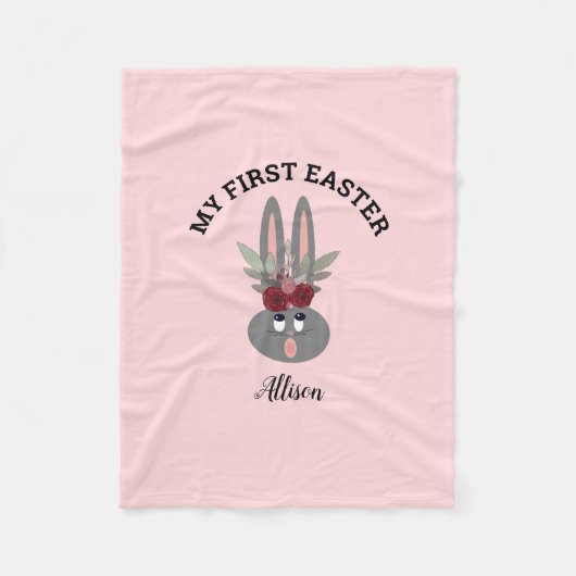 ファーストイースター赤面ピンクフローラバニーパーソナライズされた フリースブランケット (正面)