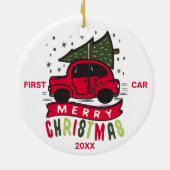 ファーストカーメリークリスマスレッドカーツリーカスタム文字 セラミックオーナメント (裏面)